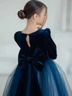 Robes de demoiselle d'honneur de mariage Robes pour occasions spéciales Bleu marine foncé Manches longues N艙uds