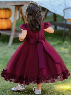 Robes de demoiselle d'honneur blanches robes d'occasion spéciale dentelle bordeaux manches courtes col bijou robes de demoiselle d'honneur