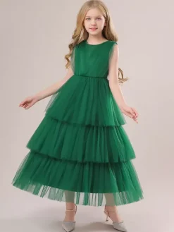 Robes de demoiselle d'honneur blanches robes d'occasion spéciale en Tulle vert foncé sans manches col bijou robes de demoiselle d'honneur