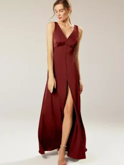 Robes de demoiselle d'honneur en tissu satiné robe de bal trapèze longueur au sol