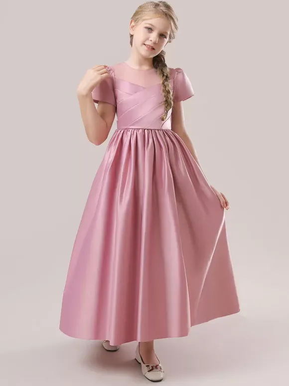 Robes de demoiselle d'honneur blanches robes d'occasion spéciale tissu en Satin rose camée manches courtes col bijou robes de demoiselle d'honneur