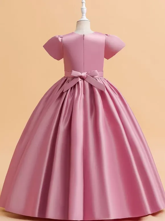 Robes de demoiselle d'honneur blanches robes d'occasion spéciale tissu en Satin rose camée manches courtes col bijou robes de demoiselle d'honneur