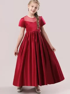 Robes de demoiselle d'honneur blanches robes d'occasion spéciale tissu en Satin rose camée manches courtes col bijou robes de demoiselle d'honneur