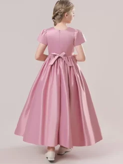 Robes de demoiselle d'honneur blanches robes d'occasion spéciale tissu en Satin rose camée manches courtes col bijou robes de demoiselle d'honneur