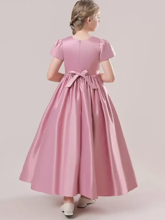 Robes de demoiselle d'honneur blanches robes d'occasion spéciale tissu en Satin rose camée manches courtes col bijou robes de demoiselle d'honneur
