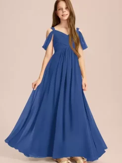 Robes de demoiselle d'honneur blanches Robes pour occasions spéciales Robes de demoiselle d'honneur en mousseline de soie ivoire sans manches à col en c艙ur