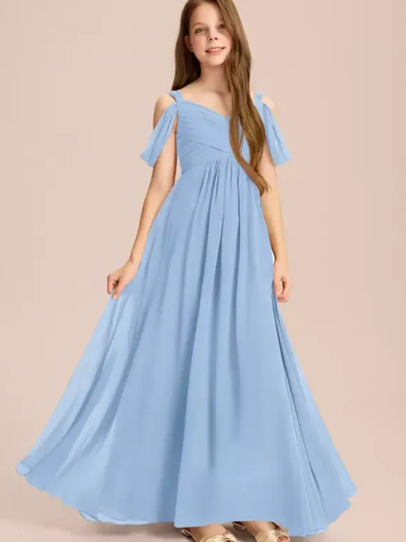 Robes de demoiselle d'honneur blanches Robes pour occasions spéciales Robes de demoiselle d'honneur en mousseline de soie ivoire sans manches à col en c艙ur