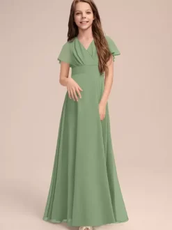 Robes de demoiselle d'honneur blanches Robes pour occasions spéciales Robes de demoiselle d'honneur à manches courtes et col en V en mousseline de soie sauge