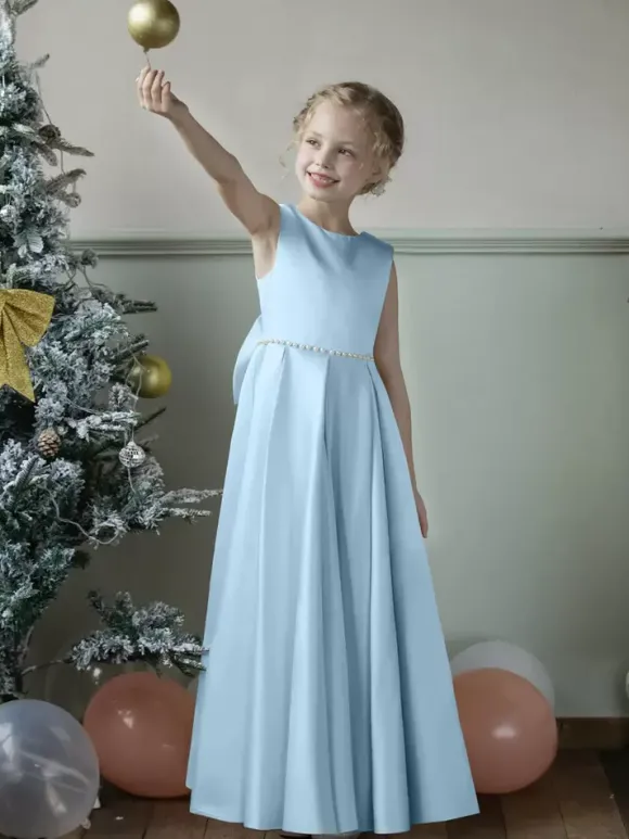 Robes de demoiselle d'honneur de mariage robes d'occasion spéciale bleu gris n艙uds sans manches