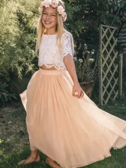 Robes de demoiselle d'honneur de mariage deux pièces robes d'occasion spéciale manches courtes roses en dentelle