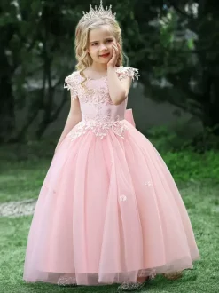 Robes de demoiselle d'honneur blanches robes d'occasion spéciale en Tulle rose sans manches col bijou robes de demoiselle d'honneur