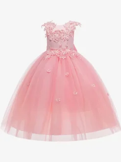Robes de demoiselle d'honneur blanches robes d'occasion spéciale en Tulle rose sans manches col bijou robes de demoiselle d'honneur