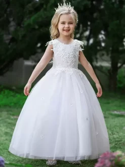 Robes de demoiselle d'honneur blanches robes d'occasion spéciale en Tulle rose sans manches col bijou robes de demoiselle d'honneur