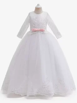 Robes de demoiselle d'honneur blanches en tulle blanc demi-manches col bijou robes de demoiselle d'honneur