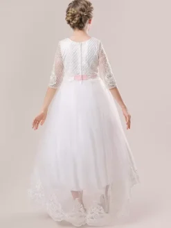 Robes de demoiselle d'honneur blanches en tulle blanc demi-manches col bijou robes de demoiselle d'honneur