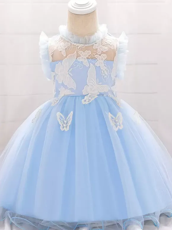Robes de demoiselle d'honneur blanches robes d'occasion spéciale dentelle bleue sans manches col bijou robes de demoiselle d'honneur