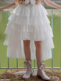 Robes de demoiselle d'honneur blanches en tulle ivoire sans manches à col bijou