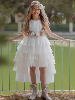Robes de demoiselle d'honneur blanches en tulle ivoire sans manches à col bijou