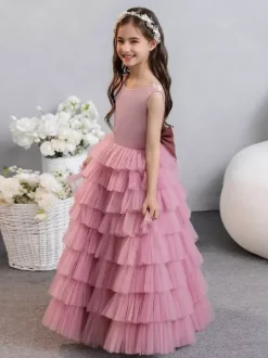 Robes de demoiselle d'honneur de mariage robes d'occasion spéciale rose fuchsia n艙uds sans manches