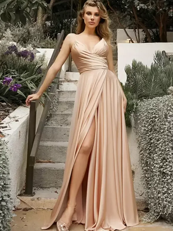 Robes de demoiselle d'honneur ligne a longueur au sol fermeture éclair tissu satiné robe de soirée de mariage
