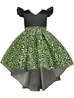 Robes de demoiselle d'honneur jaunes avec train col en V sans manches imprimé léopard robes de soirée pour enfants