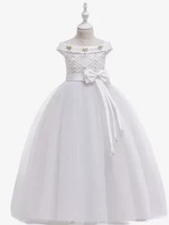 Robes de fille de fleur blanche Robes d'occasion spéciale Tulle blanc sans manches Col bateau Robes de fille de fleur