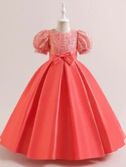 Robes de fille de fleur blanche robes d'occasion spéciale Champagne Polyester manches courtes col bijou robes de fille de fleur