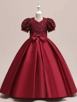 Robes de fille de fleur blanche robes d'occasion spéciale Champagne Polyester manches courtes col bijou robes de fille de fleur
