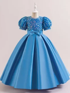 Robes de fille de fleur blanche robes d'occasion spéciale Champagne Polyester manches courtes col bijou robes de fille de fleur