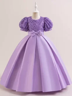 Robes de fille de fleur blanche robes d'occasion spéciale Champagne Polyester manches courtes col bijou robes de fille de fleur
