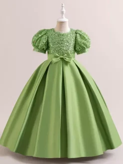 Robes de fille de fleur blanche robes d'occasion spéciale Champagne Polyester manches courtes col bijou robes de fille de fleur
