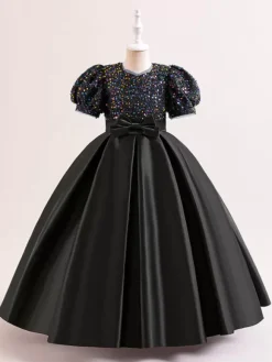 Robes de fille de fleur blanche robes d'occasion spéciale Champagne Polyester manches courtes col bijou robes de fille de fleur