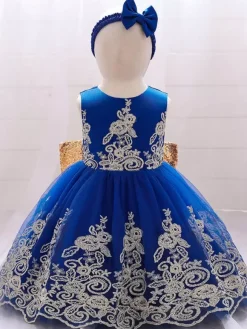 Robes de fille de fleur blanche robes d'occasion spéciale dentelle bleu royal sans manches col bijou robes de fille de fleur