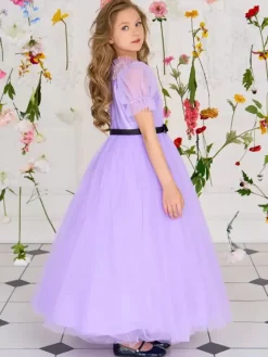 Robes de fille de fleur blanche robes d'occasion spéciale Tulle violet manches courtes col bijou robes de fille de fleur
