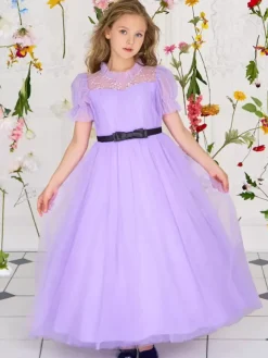 Robes de fille de fleur blanche robes d'occasion spéciale Tulle violet manches courtes col bijou robes de fille de fleur