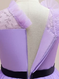Robes de fille de fleur blanche robes d'occasion spéciale Tulle violet manches courtes col bijou robes de fille de fleur