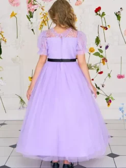 Robes de fille de fleur blanche robes d'occasion spéciale Tulle violet manches courtes col bijou robes de fille de fleur