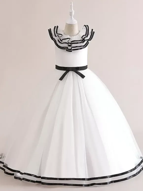 Robes de fille de fleur blanche Robes d'occasion spéciale Tulle blanc sans manches col bijou Robes de fille de fleur