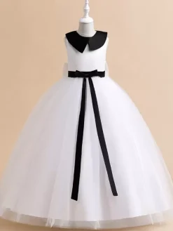 Robes de fille de fleur blanche Robes d'occasion spéciale Tulle blanc sans manches col bijou Robes de fille de fleur