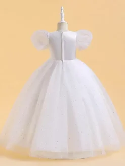 Robes de fille de fleur blanche robes d'occasion spéciale paillettes roses manches courtes col bijou robes de fille de fleur