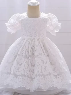 Robes de fille de fleur blanche Robes d'occasion spéciale Dentelle blanche Manches courtes Col carré Robes de fille de fleur