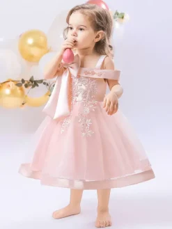 Robes de fille de fleur blanche Tulle rose doux sans manches col carré robes de fille de fleur