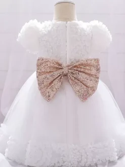 Robes de fille de fleur blanche Robes d'occasion spéciale Dentelle blanche Manches courtes Col bijou Robes de fille de fleur
