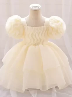 Robes de fille de fleur blanche robes d'occasion spéciale Tulle rose clair manches courtes col carré robes de fille de fleur