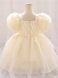 Robes de fille de fleur blanche robes d'occasion spéciale Tulle rose clair manches courtes col carré robes de fille de fleur