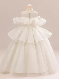Robes de fille de fleur blanche Champagne Organza sans manches bijou cou robes de fille de fleur