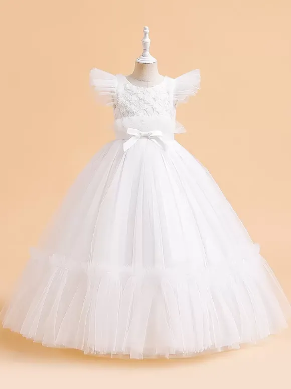 Robes de fille de fleur blanche Robes d'occasion spéciale Tulle blanc manches courtes col bijou robes de fille de fleur