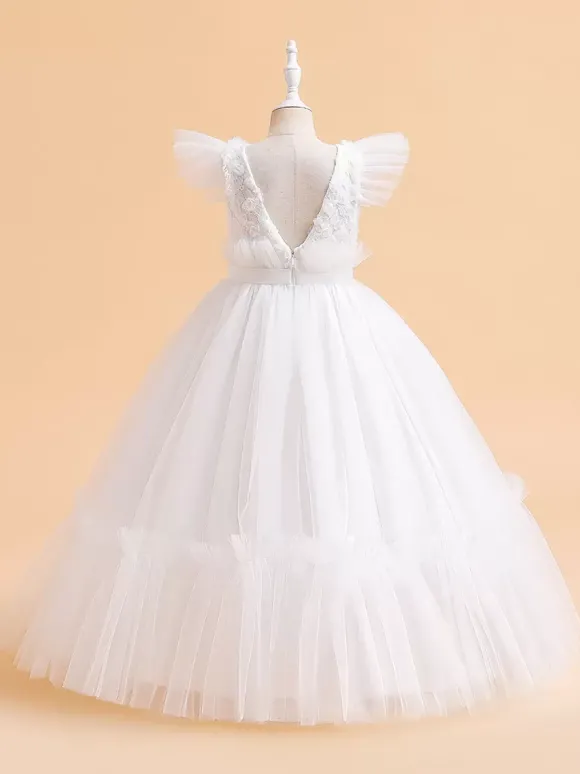 Robes de fille de fleur blanche Robes d'occasion spéciale Tulle blanc manches courtes col bijou robes de fille de fleur
