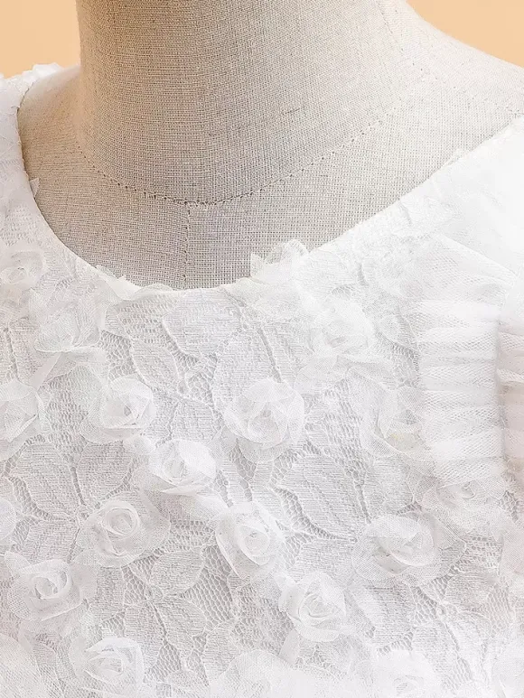 Robes de fille de fleur blanche Robes d'occasion spéciale Tulle blanc manches courtes col bijou robes de fille de fleur