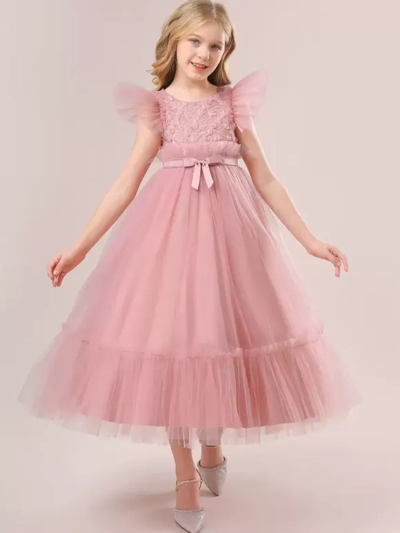 Robes de fille de fleur blanche Robes d'occasion spéciale Tulle blanc manches courtes col bijou robes de fille de fleur